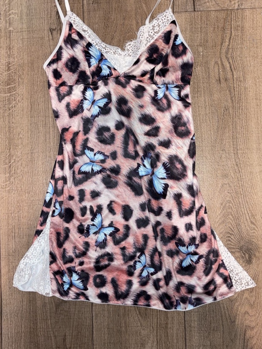Y2K Grail:  Leopard-Print Slip Dress with Blue Butterflies & white lace: Size M